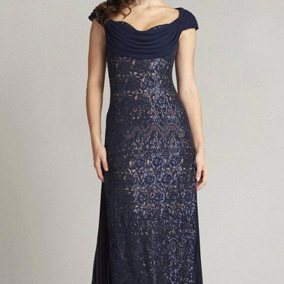 Tadashi Shoji Navy Blue Nude Embroidered Off-Shoulder Evening Gown
